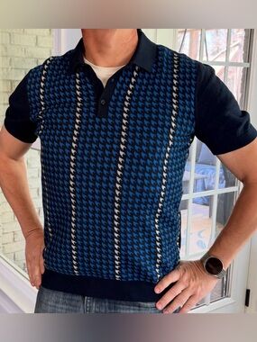Express Men’s Short Sleeve Thin Sweater Polo Houndstooth Pattern Shirt M